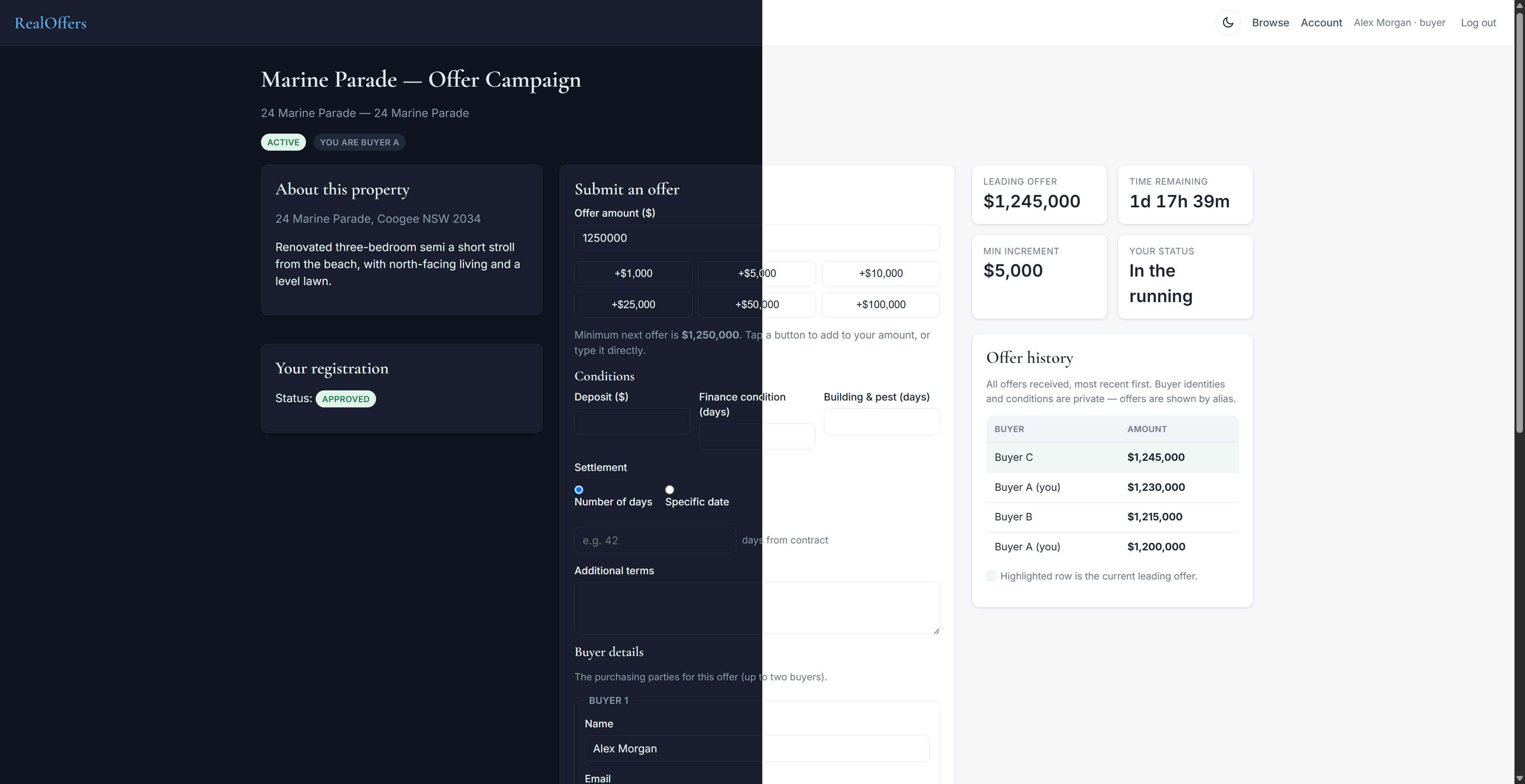 The buyer offer screen with the live leading offer and countdown