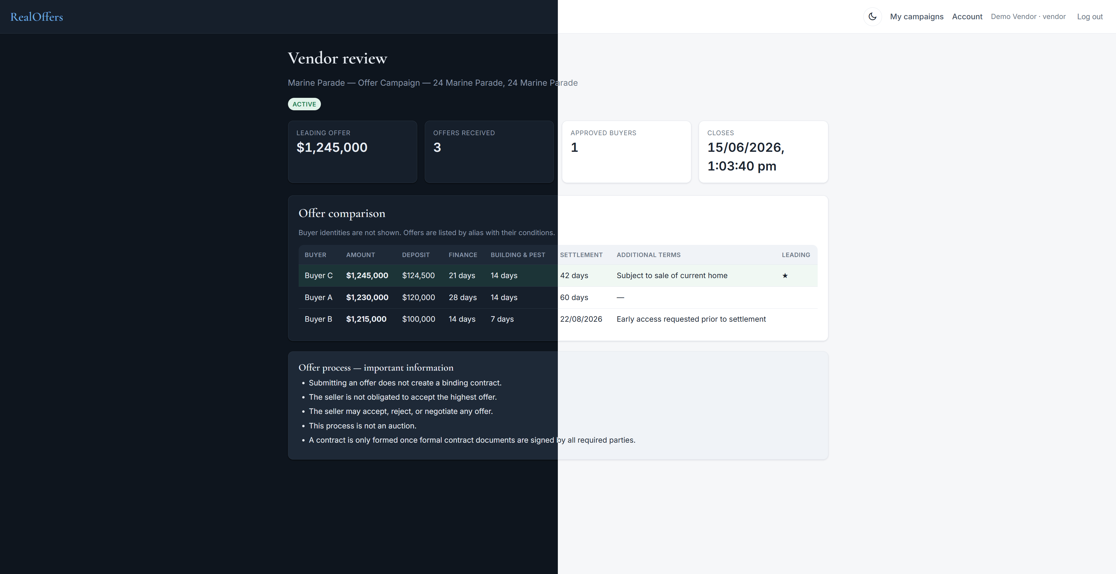 The vendor view comparing all offers and their conditions side by side